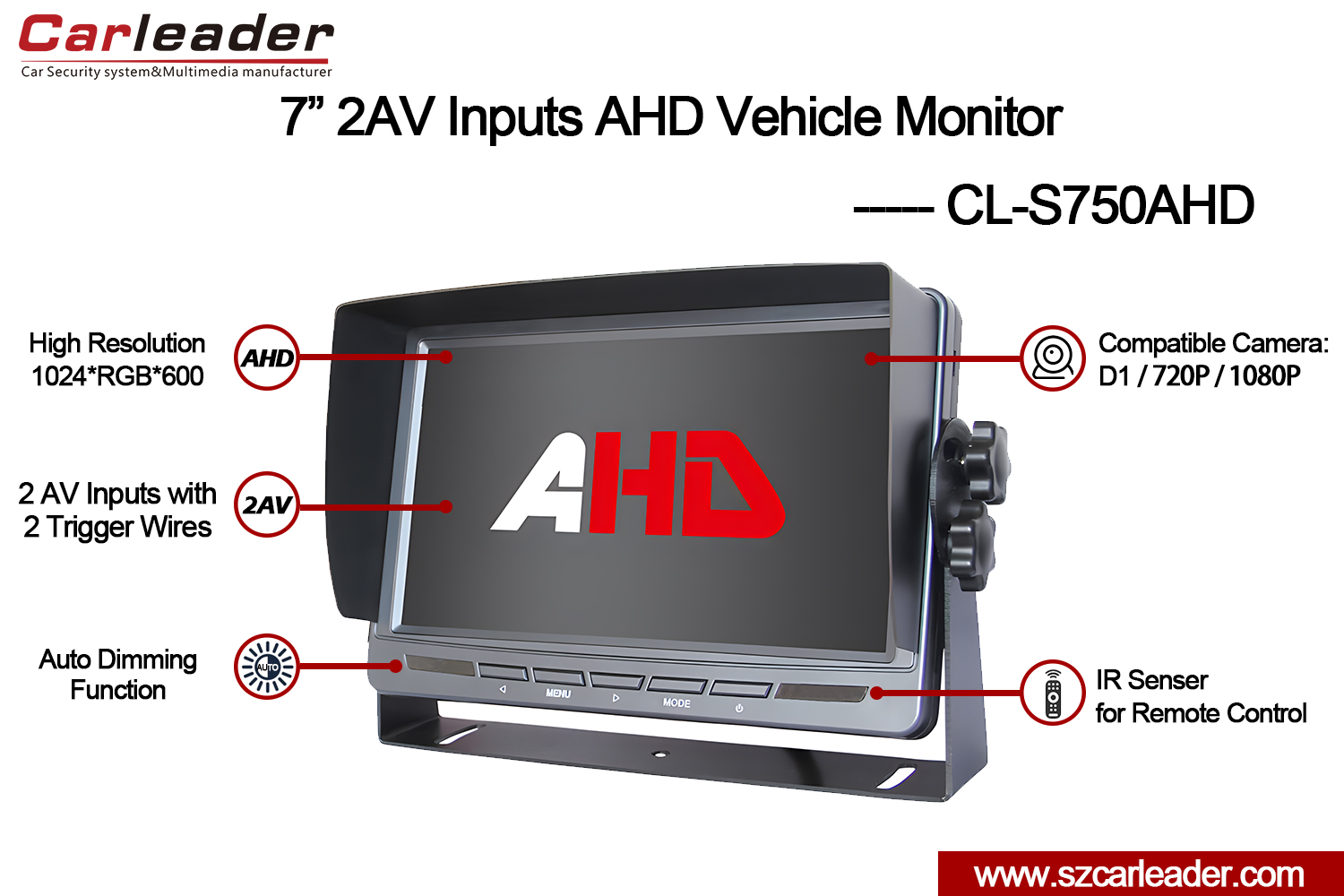 7 hüvelykes TFT LCD autós hátsó AHD monitor