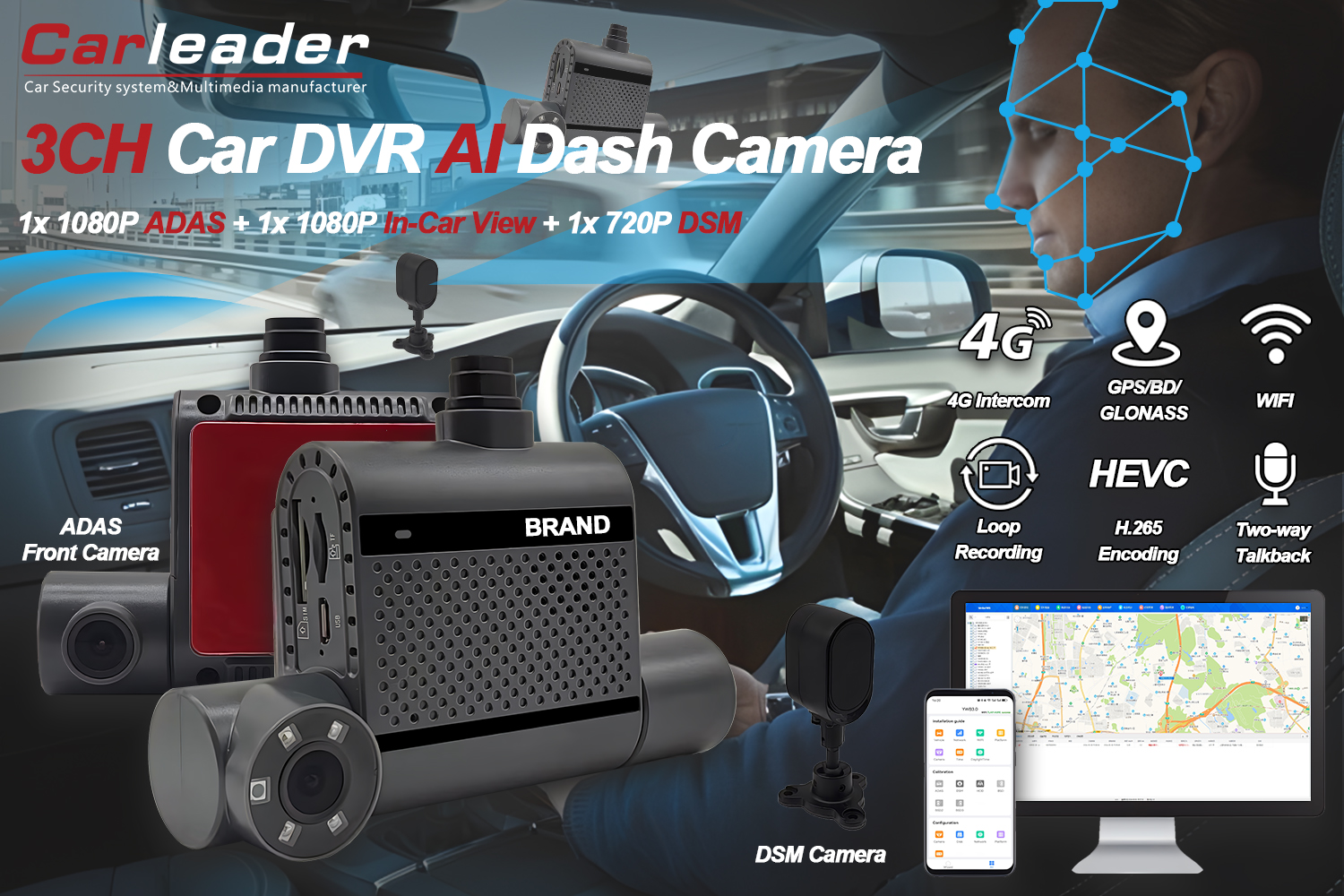 4G Dual AI Dash kamera ADAS-sel és DSM-mel
